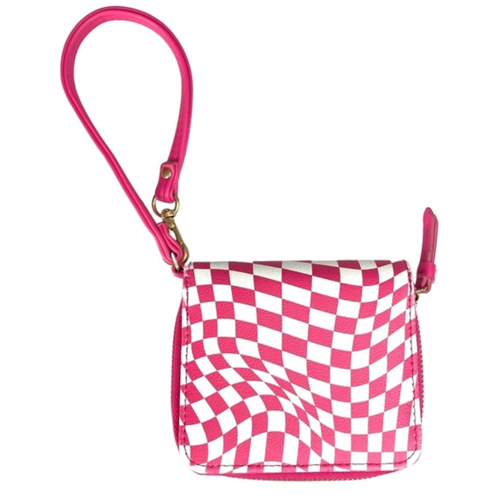No Boundaries Pink and White Checked Wallet Wristlet Clutch Faux Leather